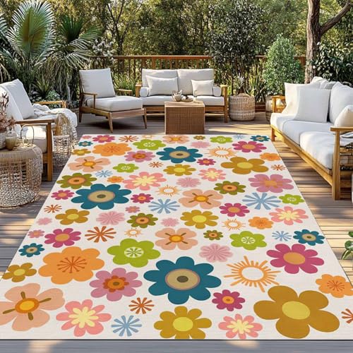 Outdoor Rug, Colorful Flower Boho Style Indoor Area Rug Outdoor Carpet RV Camping Rugs 6x9ft Retro Flowers Outside Mat for Patio Picnic Porch Deck Balcony Backyard - size: 6' x 9' (Rectangular)