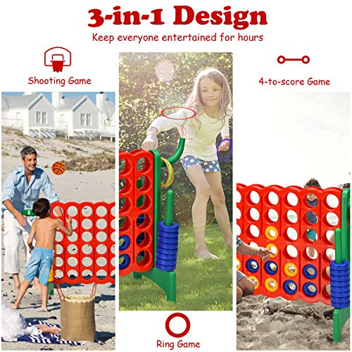Costzon Giant 4-in-A-Row, Jumbo 4-to-Score Giant Game w/Basketball Hoop, Ring Toss, Quick-Release Slider, 42 Jumbo Rings, Indoor Outdoor Family Connect Game for Kids & Adults, Backyard Games, Green - color: Red/Green