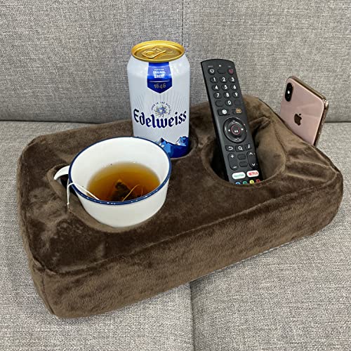 Couch Cup Holder Pillow, Couch Drinks Remotes Holder for Center of Couch, for Sofa, Bed, RV, Car (Brown) - color: Brown