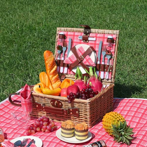 Picnic Baskets Wicker Willow Picnic Set for 4 Persons with Insulated Cooler Bag and Waterproof Pink Plaid Picnic Blanket Gift for Christmas Thanksgiving Wedding Birthday Camp Outdoor Beach Travel - color: Vintage Pink Red