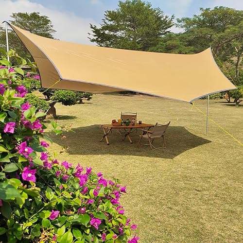 16x16 ft Large Camping Tarp Waterproof Hammock Rain Fly Camping Awning Sun Shelter Khaki (Without Pole) (Khaki) - color: Khaki
