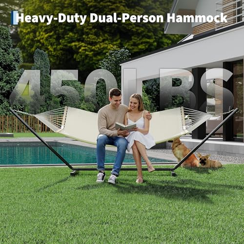 Garvee 2 Person Outdoor Hammock with Stand, Heavy Duty Portable Double Hammock with Balance Rope, MAX 450 LBS Capacity for Patio, Backyard, Garden, Beach - color: Off White, size: Sheep Horn Bracket