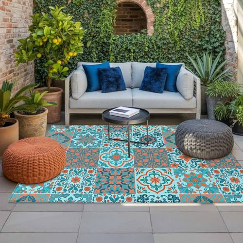 Retro Middle Century Outdoor Rug 5' x 7', Rustic Bohemia Style Aztec Blue Washable Area Rug for Outdoor Indoor, Non Slip Outside Large Rugs Carpet for RV Patio Backyard Picnic Camping Porch Deck - color: Green, size: 5' x 7' (Rectangular)