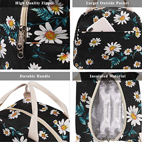 EurCross Women's Lunch Bags for Work with Chic Floral Daisy Pattern,Canvas Stylish and Insulated Black Lunch Tote Bento box Bag Carrier of On-the-Go Storage - color: Dasiy