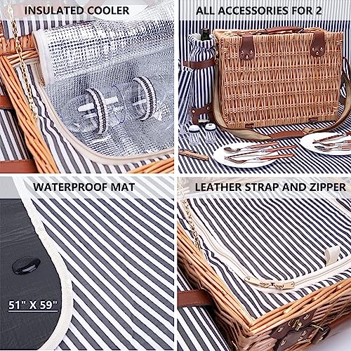 Picnic Basket with Blanket and Wine Pouch for 2 Wicker Picnic Set with Insulated Liner Cooler Bag Hamper for Camping,Wedding - Stripes - color: Stripes With Blanket for 2