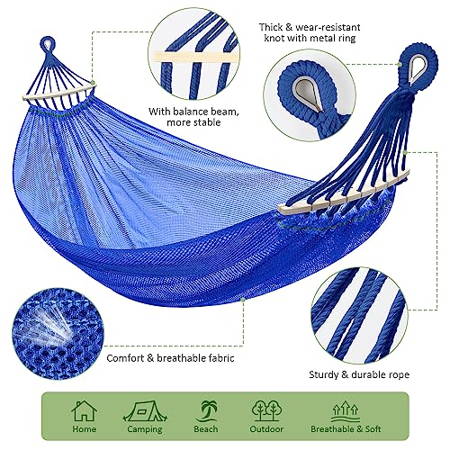 Outdoor Hammock, Super Soft and Breathable Mesh Hammock Made of Cool Nylon with Wooden Bars for Indoor, Balcony, Terrace, Garden, Camping, Backpacking - color: Blue
