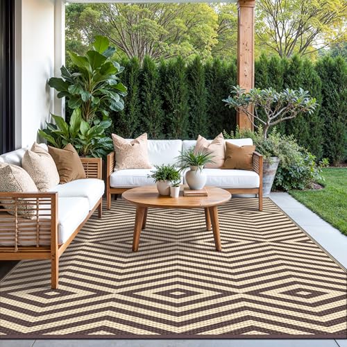 GENIMO Outdoor Rug for Patio Clearance, 6'x9' Reversible Plastic Straw Rugs, Lightweight Waterproof Modern RV Camping Mat for Camper, Balcony, Deck, Backyard, Picnic, Coffee Beige - color: Coffee&beige-x, size: 6' x 9' (Rectangular)