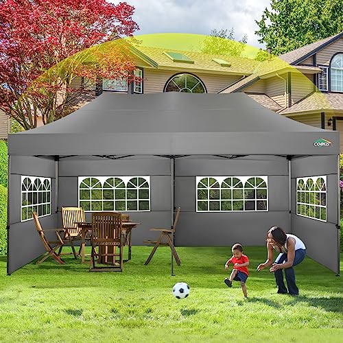 COBIZI 10x20 Canopy with Sidewalls, Heavy Duty Party Tent Pop up Canopy, Tents for Parties, Wedding, Outdoor Easy up Foldable Portable Canopy Tent with Wheeled Bag, Grey(Windproof Upgrade) - color: Gray, size: 10x20 With Sidewalls