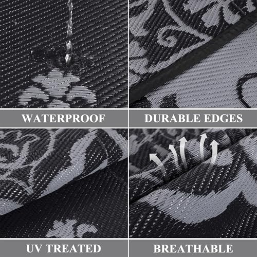 Pauwer Waterproof Outdoor Rug 6x9, Reversible Plastic Straw Patio Camping Rug, Indoor Outdoor RV Mat Carpet for Deck, Camper, Porch, Balcony, Backyard, Picnic, Boho Black Grey - color: Boho Black Grey, size: 6' x 9' (Rectangular)