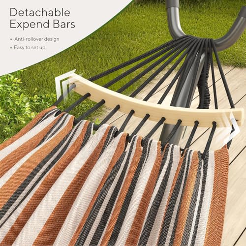 600lbs Hammock with Stand for Outside, 2 Person Portable Hammock with Side Storage, Carrying Bag, Expend Wooden Bar for Outdoor or Indoor (Brown Black) - color: Brown Black