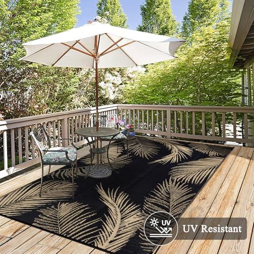 Pauwer Waterproof Outdoor Rug 6x9, Reversible Plastic Straw Patio Camping Rug, Indoor Outdoor RV Mat Carpet for Deck, Camper, Porch, Balcony, Backyard, Picnic, Leaf Black Brown - color: Leaf Black Brown, size: 6' x 9' (Rectangular)