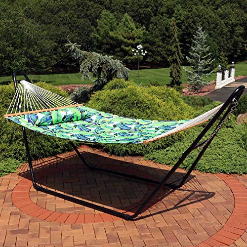 Sunnydaze Quilted Double Hammock for Outside with Spreader Bars and Pillow - 450 lb Capacity, 74x55 Inch Bed, UV Resistant, Quick Dry - Chains Included, Stand Sold Separately - Exotic Foliage - color: Exotic Foliage