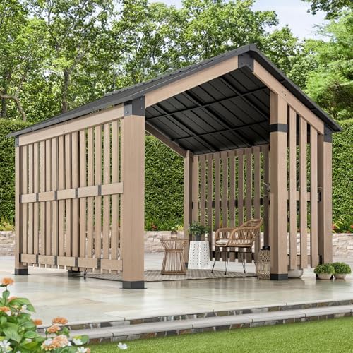 SUNJOY 11x11ft. Cedar Wood Gazebo with Six 5.5x5.5 in. Heavy Posts, Permanent Hard Top Pavilion with Wooden Privacy Screen for Backyard Hot Tub, Ceiling Hook - Outdoor Patio, Matte Black - style: Gazebo w/Privacy Screen