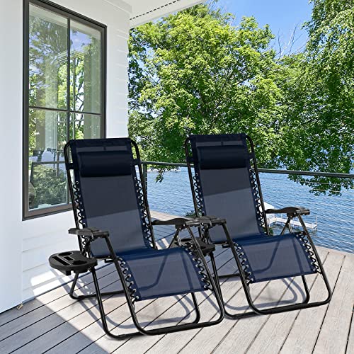 Giantex 2 PCS Zero Gravity Chair, Outdoor Chaise Lounge with Cup Holder, Patio Folding Chairs Recliner for Yard Pool Lawn Balcony - color: Navy, size: 1 Count (Pack of 2)
