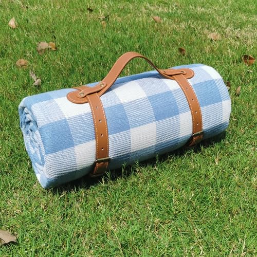 79”x79” Picnic Blanket Extra Large, Waterproof and Foldable Beach Blanket, 3-Layer Outdoor Blanket for 6 to 8 Adults, for Camping, Park, Beach, Grass, Indoors - color: Blue and White Grids