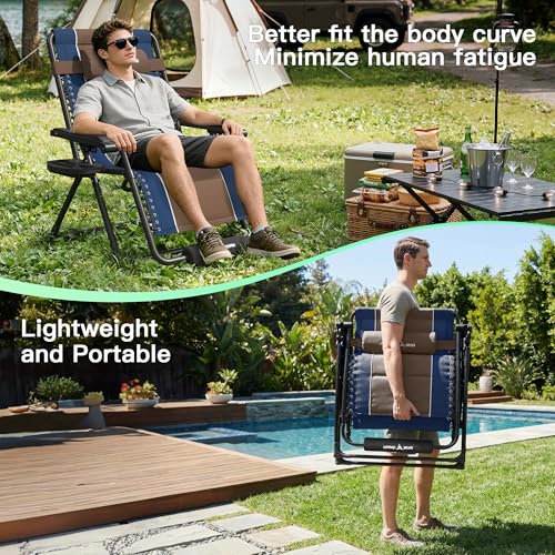Amopatio Zero Gravity Reclining Patio Chair XXL Foldable Lounge Chair with Removable Cup Holder/Headrest/Footrest 500LBS Capacity Portable for Outdoor Patio Pool Backyard,Blue-Brown - color: Blue-brown, style: 33in-1pc
