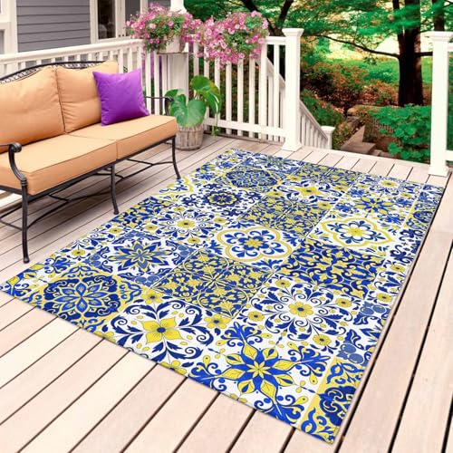 Middle Century Outdoor Rug 5' x 8', Vintage Farmhouse Bohemia Style Blue Washable Area Rug for Outdoor Indoor, Non Slip Outside Large Rugs Carpet for RV Patio Backyard Picnic Camping Porch Deck - color: Blue, size: 5' x 8' (Rectangular)