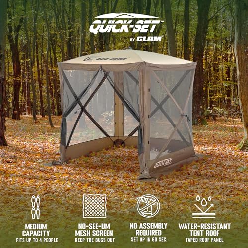 CLAM Quick-Set Pop Up Screen Tent, Traveler, 6 x 6 ft, Instant Setup Brown Portable Outdoor Shelter, Compact Bug-Free Canopy Tent for Camping, Fishing, Backyard - Brown - color: Brown/Tan Roof/Black Mesh - w/ Wind Panel Flaps