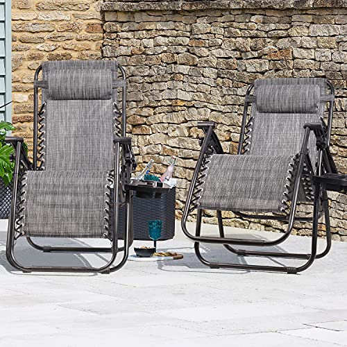 GUNJI Zero Gravity Chair Outdoor Lawn Folding Lounge Chairs Adjustable Reclining Patio Chairs Set of 2 with Cup Holder Lounge Gravity Chairs for Poolside, Backyard, Beach and Camping (Gray) - color: Grey