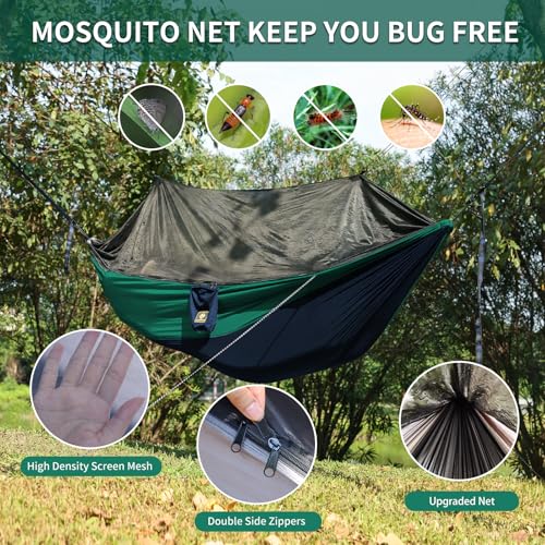 Camping Hammock with Net,Travel Portable Lightweight Hammocks with Tree Straps and Solid D-Shape Carabiners,Parachute Nylon Hammock for Outsides Backpacking Beach Backyard Patio Hiking - color: Navy Blue & Dark Green, size: Large
