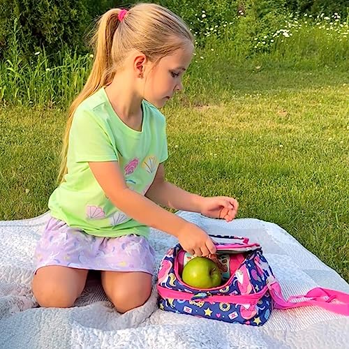 Insulated Kids Dual Compartment Lunch Bags Tote for Girls Boys Lunch Boxes Pre-School Toddler Kindergarten Picnic Camp Food Cooler Thermal with Strap - color: Blue Unicorn