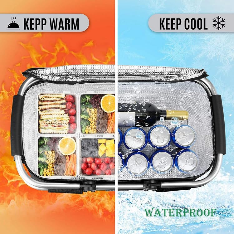 Foldable Insulated Picnic Basket 30L 31.7 QT Large Capacity Cooler Tote with Double Handles Thermal Shopping Basket for Picnic Camping Beach Travel Outdoor Use