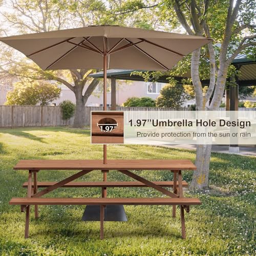 Outdoor Wooden Picnic Table with Benches and Umbrella Hole, Rustic Style Lifetime Picnic Table Bench Set for 6 or 8 Person for Backyard, Porch, Patio, and Deck, Brown - size: Rectangle-6person