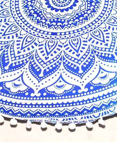 CRAFT KALA Round Mandala Boho Pillow Cover Meditation India Room Seating Poufs Cover for Living Room Yoga Room Home Décor Bedroom Balcony Garden Decoration Cotton Floor Cushion Cover (22", Blue Ombre) - color: Blue Ombre, size: 22"