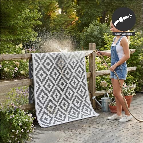 FH Home Outdoor Rug - Waterproof, Fade Resistant, Reversible - Premium Recycled Plastic - Geometric - Large Patio, Deck, Sunroom, Camping, RV - Aztec - Gray & White Crease Free - 6 x 9 ft - color: Aztec - Gray & White, size: 6' x 9' (Rectangular)