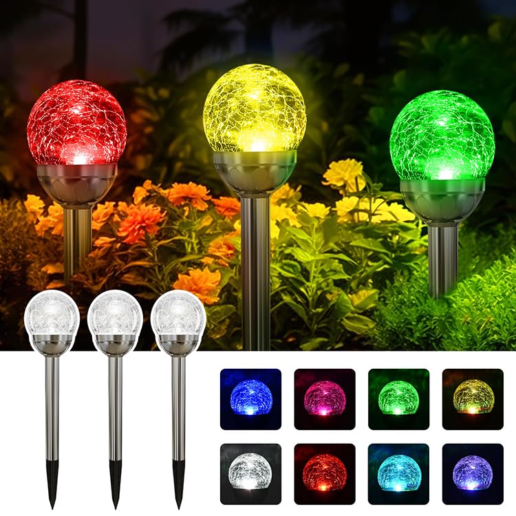 Solar Garden Stake Lights, Color Changing Crackle Glass Globe, Outdoor Pathway Decor, 3-Pack (3)