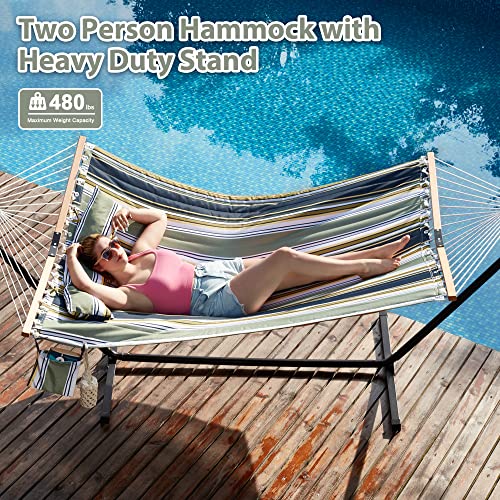 Homgava Two Person Hammock with Stand for Outside Heavy Duty, Outdoor Patio Hammock with Portable Steel Stand, Large Double Hammocks,480lbs Capacity.(Grey Stripes) - color: Grey Stripes