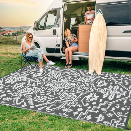 GarveeHome 9x18 Outdoor Rug Boho Vintage Floral Reversible Plastic Straw Large Rugs Waterproof Retro Indoor Outdoor Rug Pet- Kids Friendly Foldable Outside Carpet for Backyard Deck Picnic,Grey White - color: Vintage | Grey White, size: 9' x 18' (Rectangul