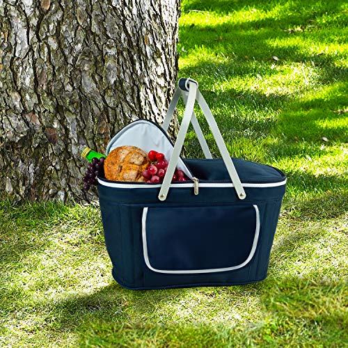 Picnic at Ascot Patented Collapsible Insulated Picnic Basket Equipped with Service For 4- Designed and Assembled in USA - color: Navy/Orange