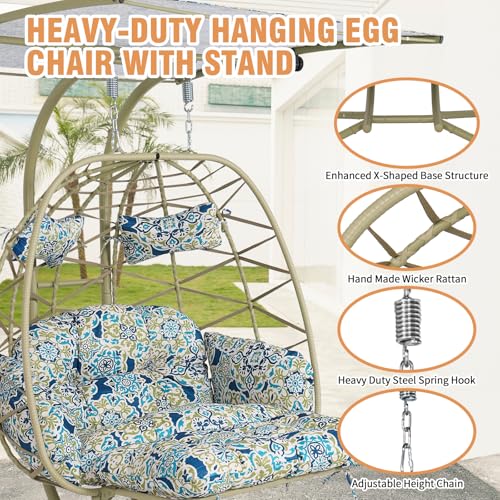 Double Egg Chair Outdoor with Stand & Canopy,Hanging Loveseat Hammock Swing Chair with Leg Rests & UV Resistant Cushion,Patio Swinging Chair,600LBS Capacity for Bedroom Balcony Garden - color: Double Chair & Footrest & Canopy, size: Khaki Frame&Khaki Cush