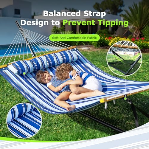ANAGOO Double Hammock with Stand, Heavy Duty Outdoor Hammock for Two, 500 LBS Capacity, Stable Steel Frame with Balance Strap, Easy Tool-Free Assembly for Patio, Garden, Backyard & Beach,Blue - color: Blue(with Stand)