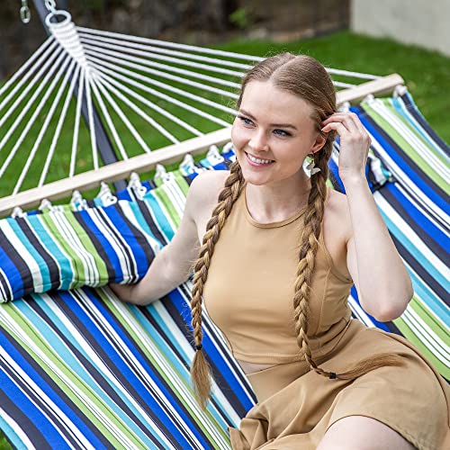 SUNCREAT Hammock with Stand 2 Person Heavy Duty, Freestanding Hammock with Spreader Bar, Soft Pillow, Green Stripes - color: Green&blue, size: 12 ft Stand