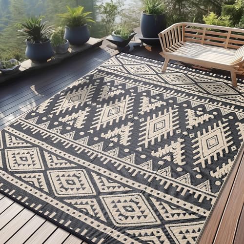 OLANLY Outdoor Rug Waterproof 8x10 ft, Reversible Outdoor Plastic Straw Rug, Boho Patio Rug, Indoor Outdoor Carpet, RV Mat Outside for Patio, Camp, Picnic, Balcony, Deck, Backyard, Black & Beige - color: Black & Beige, size: 8' X 10' (Rectangular)
