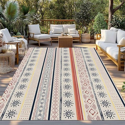 Outdoor Rug 5x7ft, Boho Stripe Retro Ethnic Style Indoor Area Rug for Patio Large Floor Mat, Indian Sketch Sun Art Abstract Line Non-Slip Outside Carpet Balcony Porch Camping Rugs Picnic Mat - size: 5' x 7' (Rectangular)