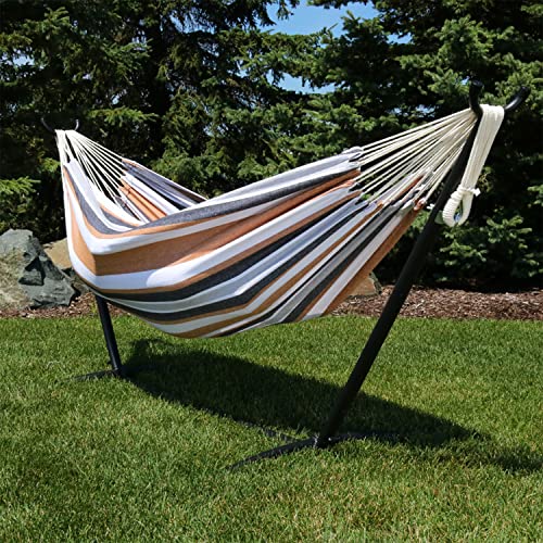 Sunnydaze Double Brazilian Hammock with Stand and Carrying Case - 400-Pound Capacity - Black Stand - Calming Desert - color: Calming Desert