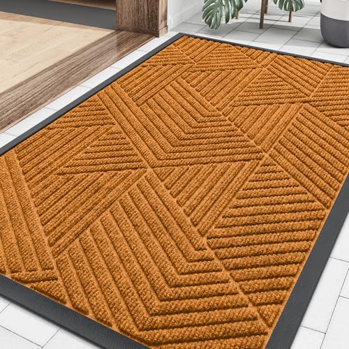 Smiry Front Door Mat Outside Entrance, Heavy Duty Sturdy Natural Rubber Doormat, Trap Dirt and Moisture, Easy Clean Low Profile Mats for Indoor Outdoor Entry, Irregular Triangle (29.5x17, Amber) - color: Amber, size: 29.5" X 17"