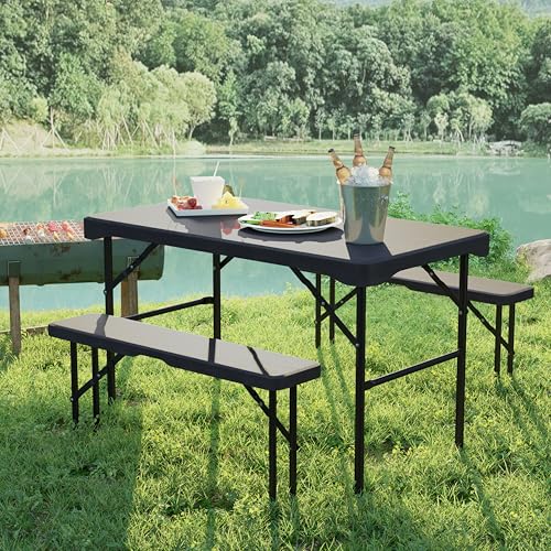 Giantex Folding Picnic Table Bench Set, Rectangular Patio Dining Table Set for 4, with HDPE Tabletop, Metal Frame, Space-Saving and Portable for Camping Party Dining BBQ (Black)