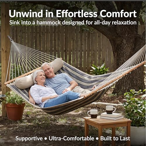 Sunnydaze Quilted Double Hammock for Outside with Spreader Bars and Pillow - 450 lb Capacity, 74x55 Inch Bed, UV Resistant, Quick Dry - Chains Included, Stand Sold Separately - Mountainside - color: Mountainside