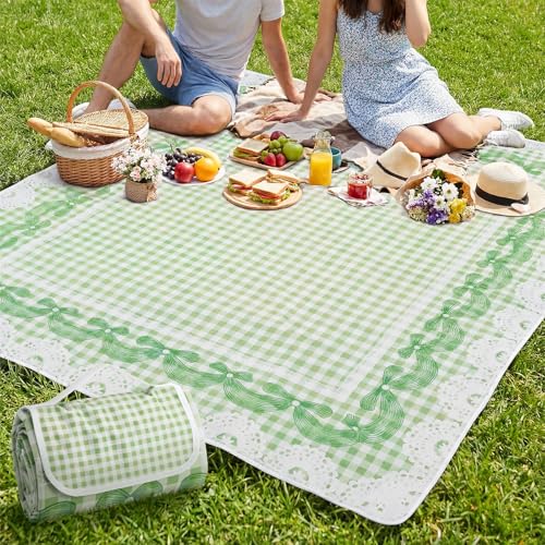 Qinyoung Bow Checkered Extra Large Picnic Blanket 79''x79'' Green Waterproof Foldable Blankets Sandproof Picnic Mat for Beach Spring Camping Grass Lawn Park Cute Couple Gifts Ideas Wedding Registry - color: Green, style: Bow Checkered