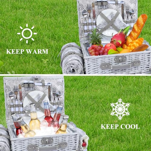Picnic Basket for 2 with Blanket, Willow Picnic Basket Set with Shoulder Strap&Wine Pouch, Large Willow Hamper with Insulated Cooler for Outdoor, Camping, Beach, Couples, Wedding Gift - color: Gray Leaves