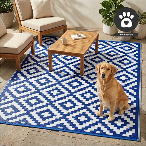 FH Home Outdoor Rug - Waterproof, Fade Resistant, Reversible - Premium Recycled Plastic - Geometric - Large Patio, Deck, Sunroom, Camping, RV - Aztec - Blue & White Crease Free - 6 x 9 ft - color: Aztec - Blue & White, size: 6' x 9' (Rectangular)