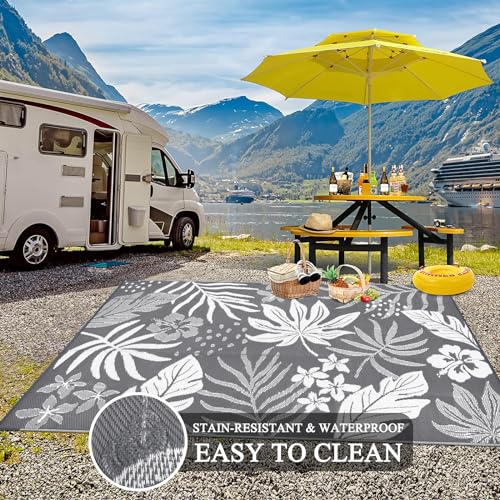 Pauwer Waterproof Outdoor Rug 6x9, Reversible Plastic Straw Patio Camping Rug, Indoor Outdoor RV Mat Carpet for Deck, Camper, Porch, Balcony, Backyard, Picnic, Floral Grey - color: Floral Grey, size: 6' x 9' (Rectangular)