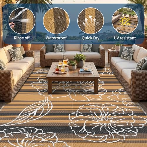Garvee 5x8 Outdoor Waterproof Rug, Floral Outdoor Area Rug，Reversible Plastic Straw Patio Rug, Portable Camping Mat for RV, Picnic, Beach, Balcony, Garden & Camping Black&Brown - color: Blackbrown, size: 5' x 8' (Rectangular)