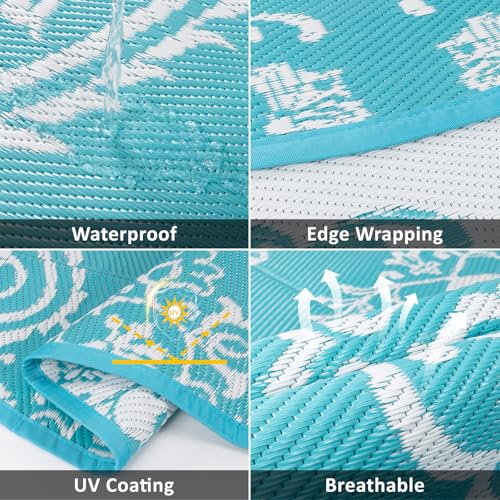 Pauwer Waterproof Outdoor Rug 8ft, Reversible Plastic Straw Patio Camping Rug, Indoor Outdoor RV Mat Carpet for Deck, Camper, Porch, Balcony, Backyard, Picnic, Boho Teal - color: Boho Teal, size: 8' (Round)