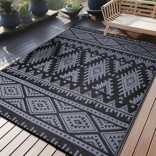 OLANLY Outdoor Rug Waterproof 6x9 ft, Reversible Outdoor Plastic Straw Rug, Boho Patio Rug, Indoor Outdoor Carpet, RV Mat Outside for Patio, Camp, Picnic, Balcony, Deck, Backyard, Black & Grey - color: Black & Grey, size: 6' X 9' (Rectangular)