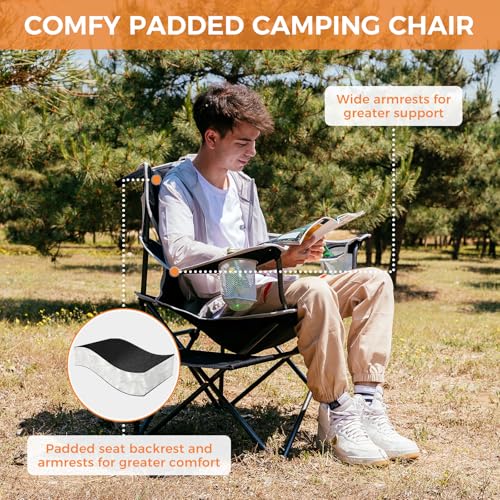 FUNDANGO Folding Padded Camping Chair, Portable Outdoor Full Back Lawn Arm Chair with Side Table Cup Holder Side Pocket for Garden, Picnic, BBQ with Carry Bag, Support 300LBS - color: Black